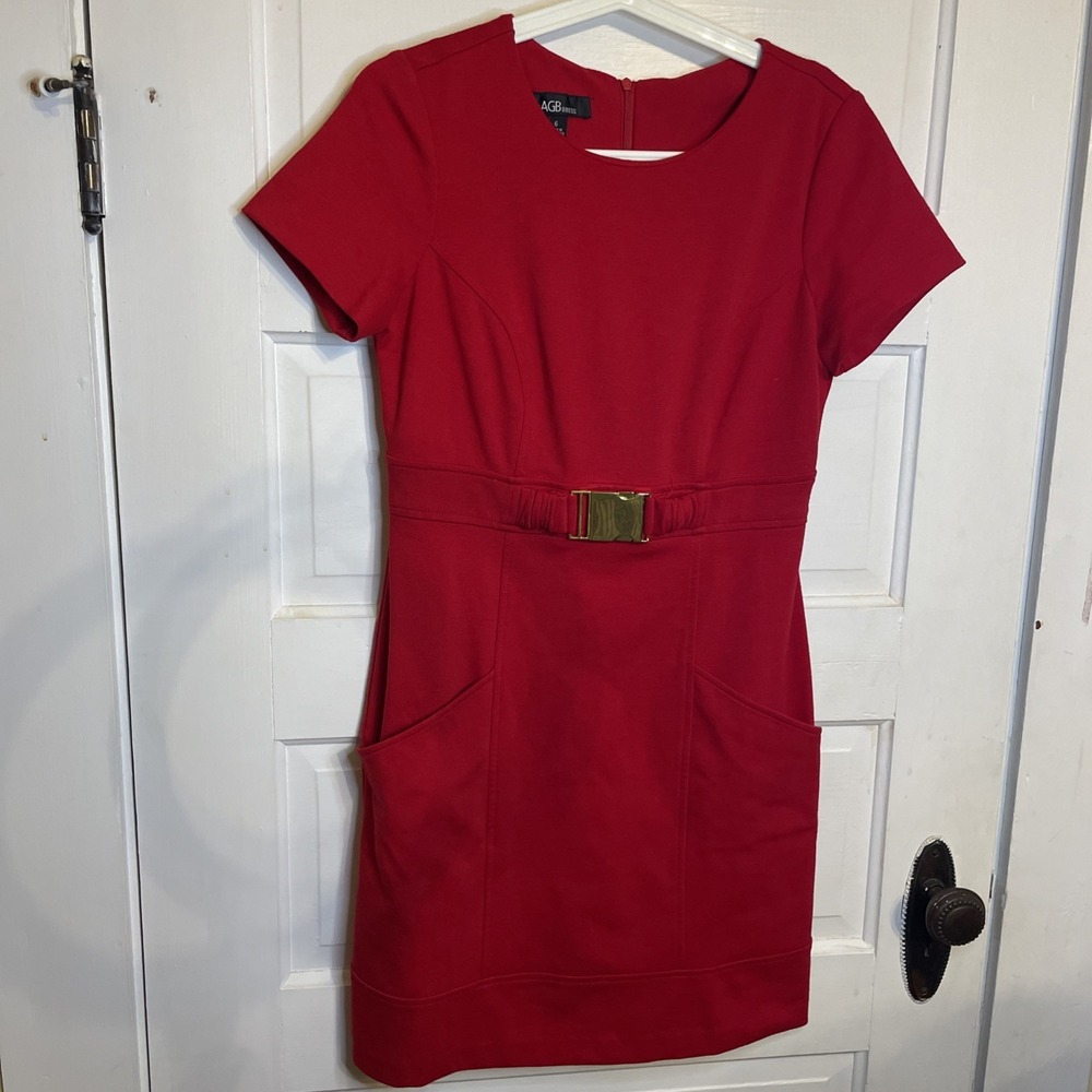 Thick Material Solid Red Fitted Dress Gold Buckle Pockets Feminine 6